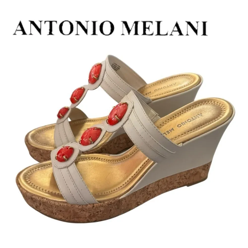 Antonio Melani Leather Cream Cork Coral Jewelled Slide Wedge Sandals 8.5